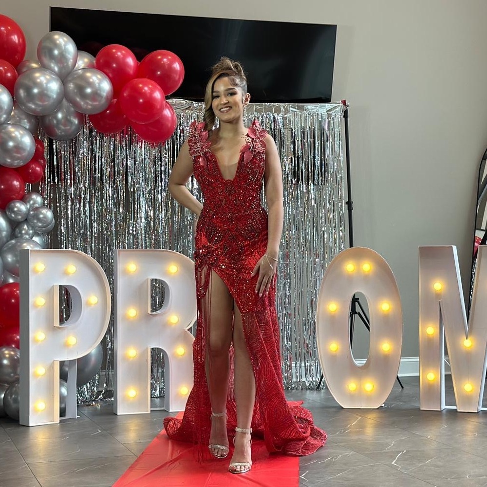 Red Beaded Prom Gown with High Slit